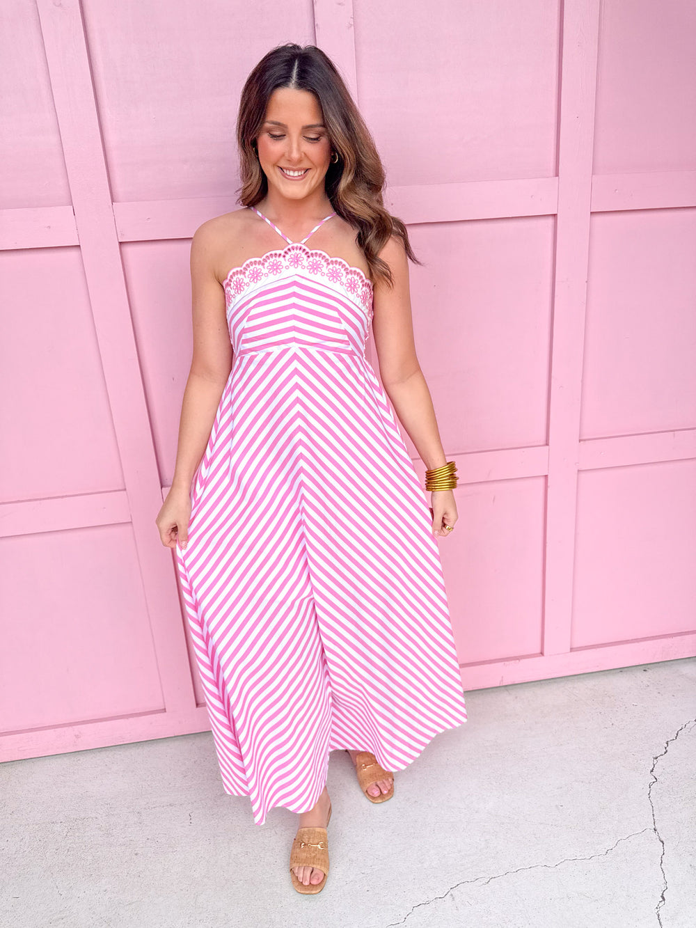 womens boutique pink white stripes floral eyelet thin straps smocked back lightweight jincy's