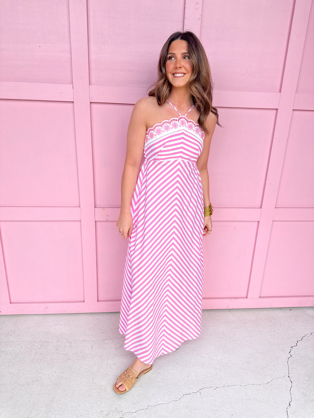 womens boutique pink white stripes floral eyelet thin straps smocked back lightweight jincy's