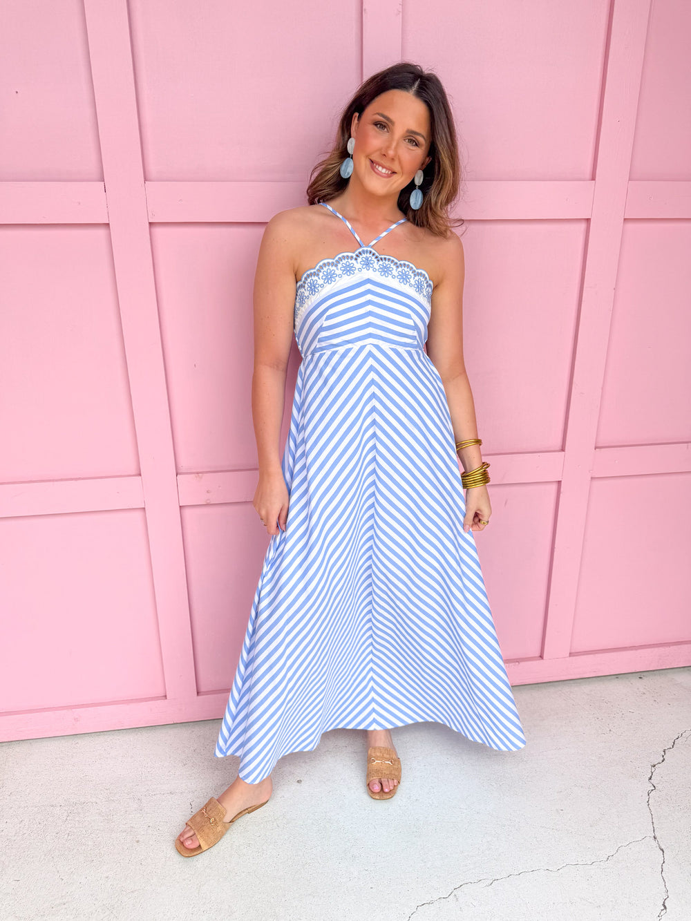 womens boutique blue white stripes floral eyelet thin straps smocked back lightweight jincy's