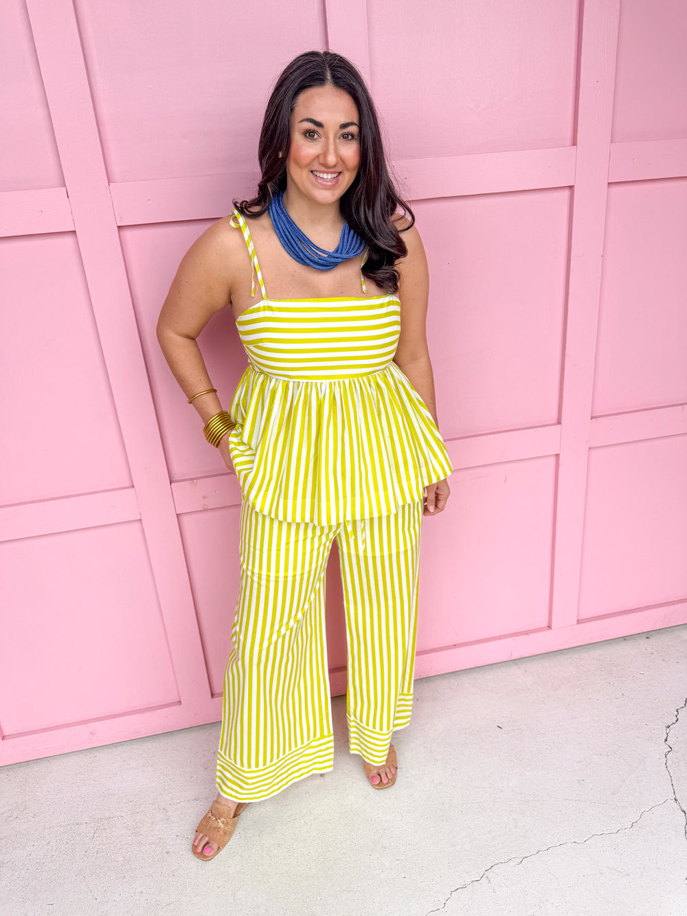 womens boutique set lime white stripe thin  tieable straps lined pants elastic waistline jincy's