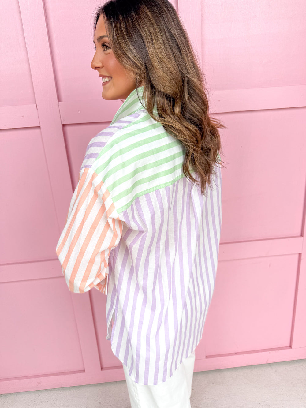 womens boutique lightweight button up stripes orange purple green white spring summer jincy's