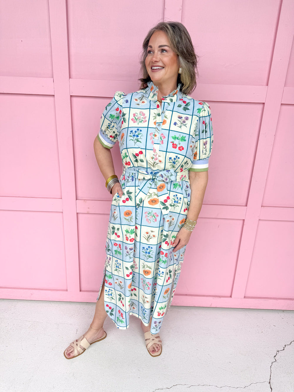 ruffle collar spring flowers mini bubble sleeves button tie waist womens boutique jincy's