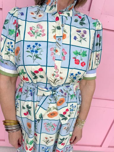 ruffle collar spring flowers mini bubble sleeves button tie waist womens boutique jincy's