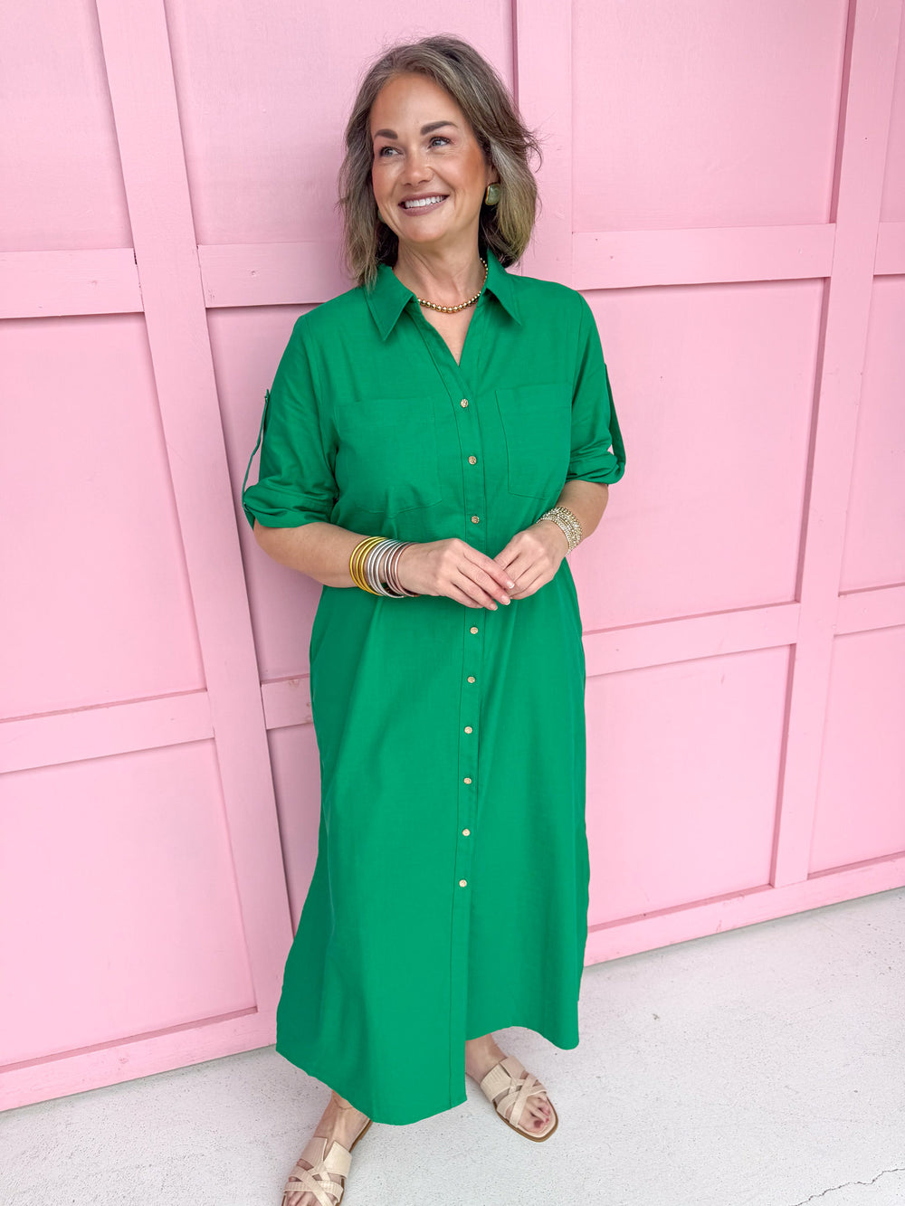 womens boutique front button rolled sleeves side slits kelly green collared jincy's