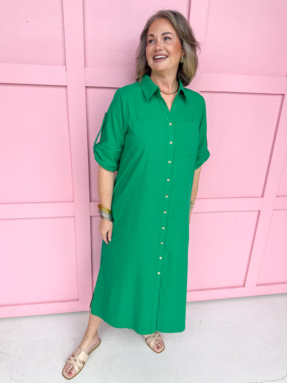 womens boutique front button rolled sleeves side slits kelly green collared jincy's