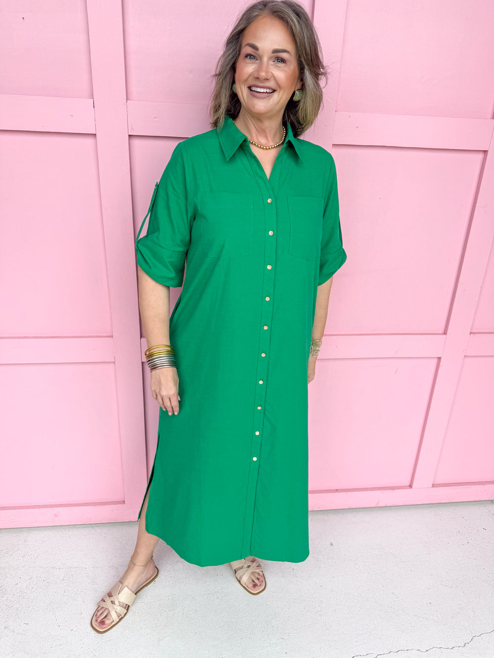 womens boutique front button rolled sleeves side slits kelly green collared jincy's