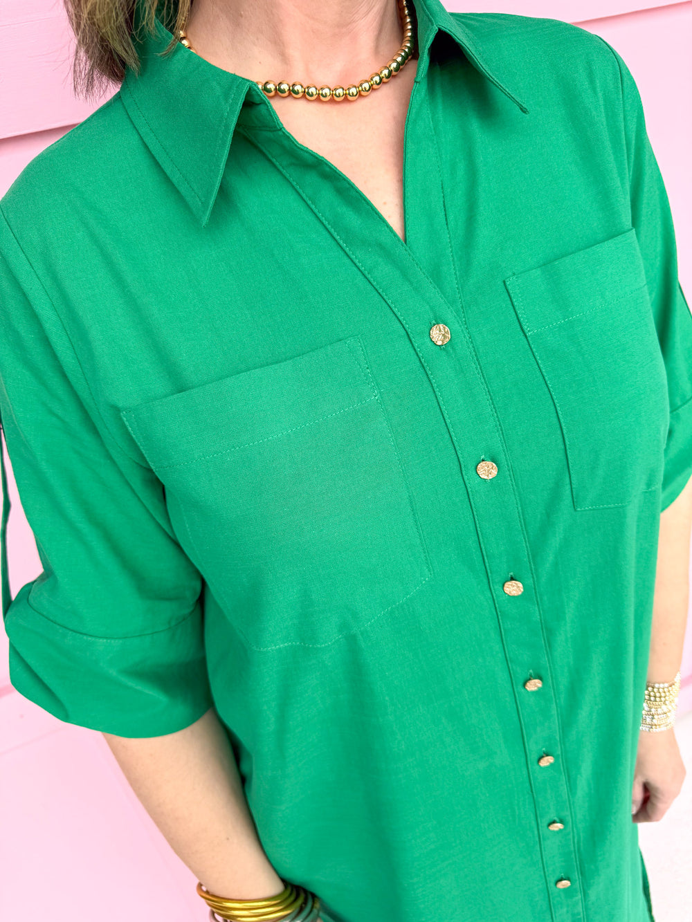 womens boutique front button rolled sleeves side slits kelly green collared jincy's