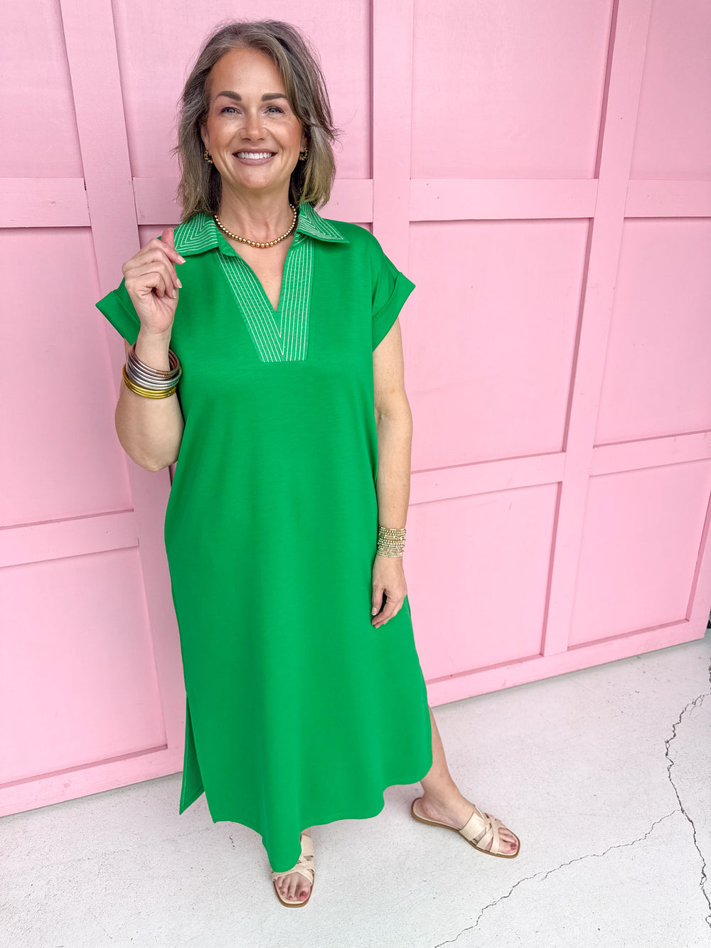 womens boutique dress light weight green collared vneck slits pockets jincys