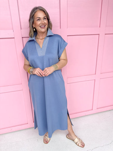 womens boutique dress light weight denim collared vneck slits pockets jincys