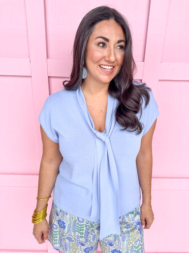 womens boutique top blue tie short sleeve spring top jincy's