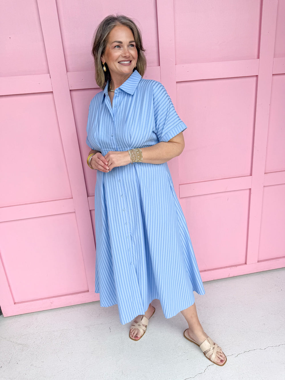 womens boutique collared button up dress blue striped empire waist pockets jincy's