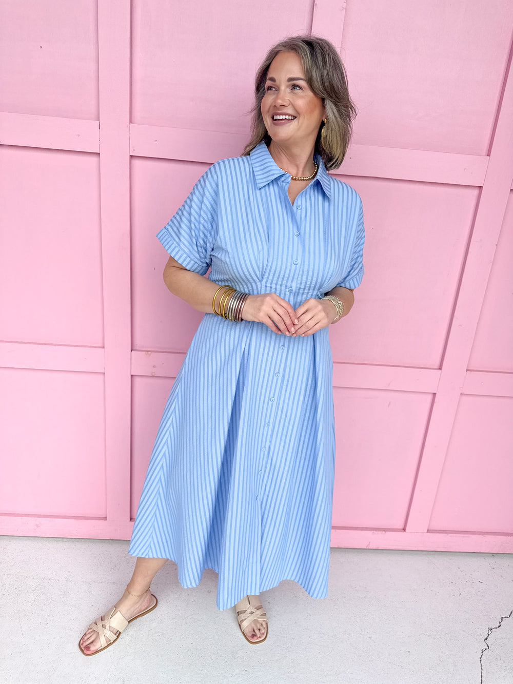 womens boutique collared button up dress blue striped empire waist pockets jincy's