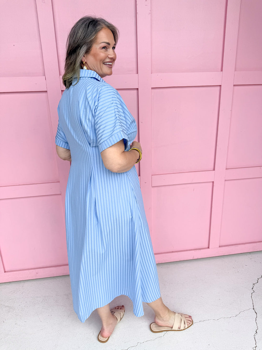 womens boutique collared button up dress blue striped empire waist pockets jincy's