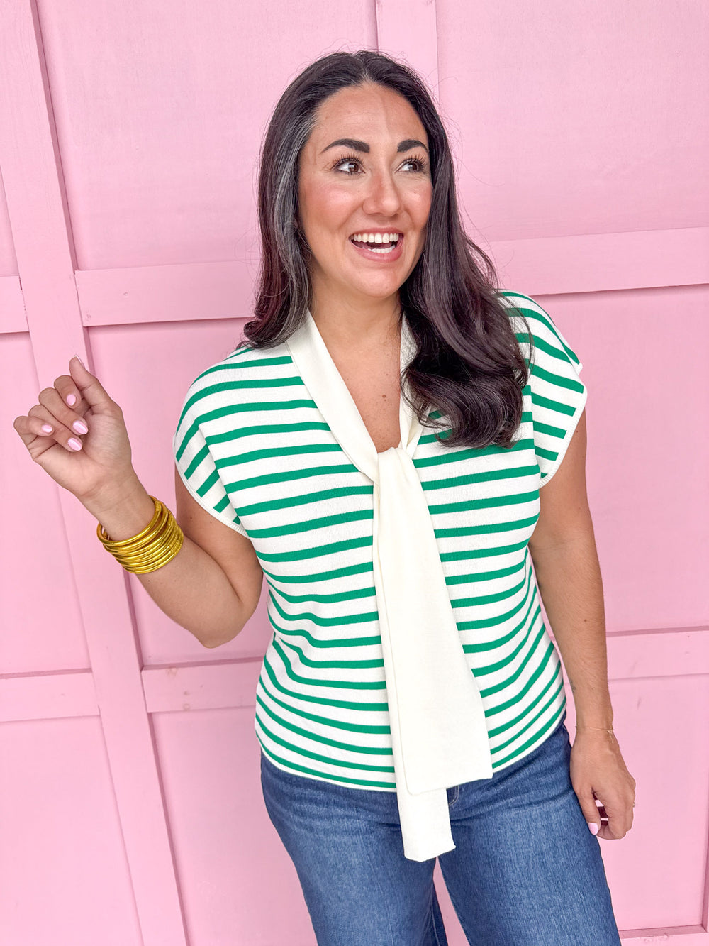 womens boutique green and white stripped tie short sleeves jincy's