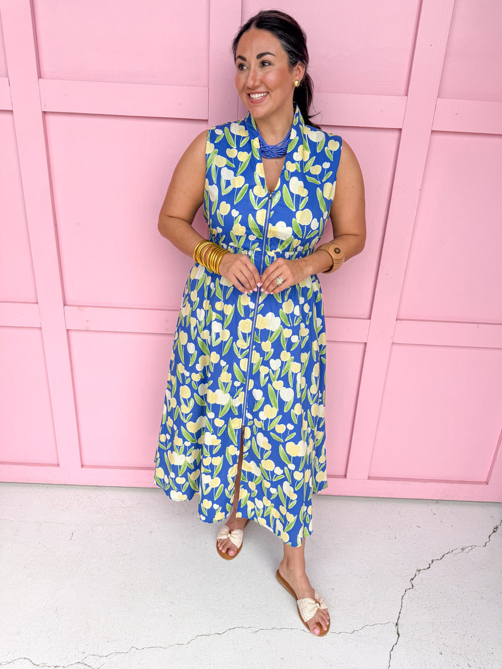 womens boutique full zip front pockets sleeveless floral dress jincy's