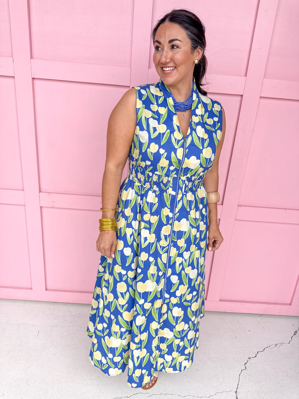 womens boutique full zip front pockets sleeveless floral dress jincy's