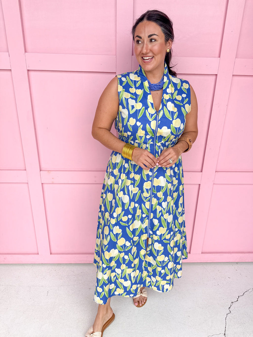 womens boutique full zip front pockets sleeveless floral dress jincy's