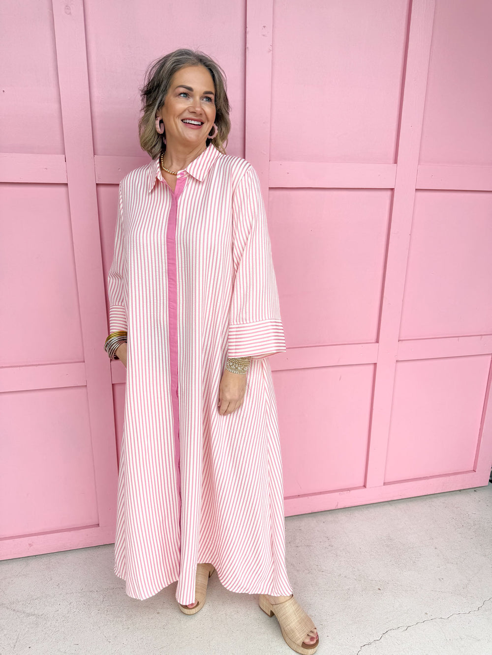 Simply Striped Dress Pink button front midi length has pockets plus size womens boutique jincy's