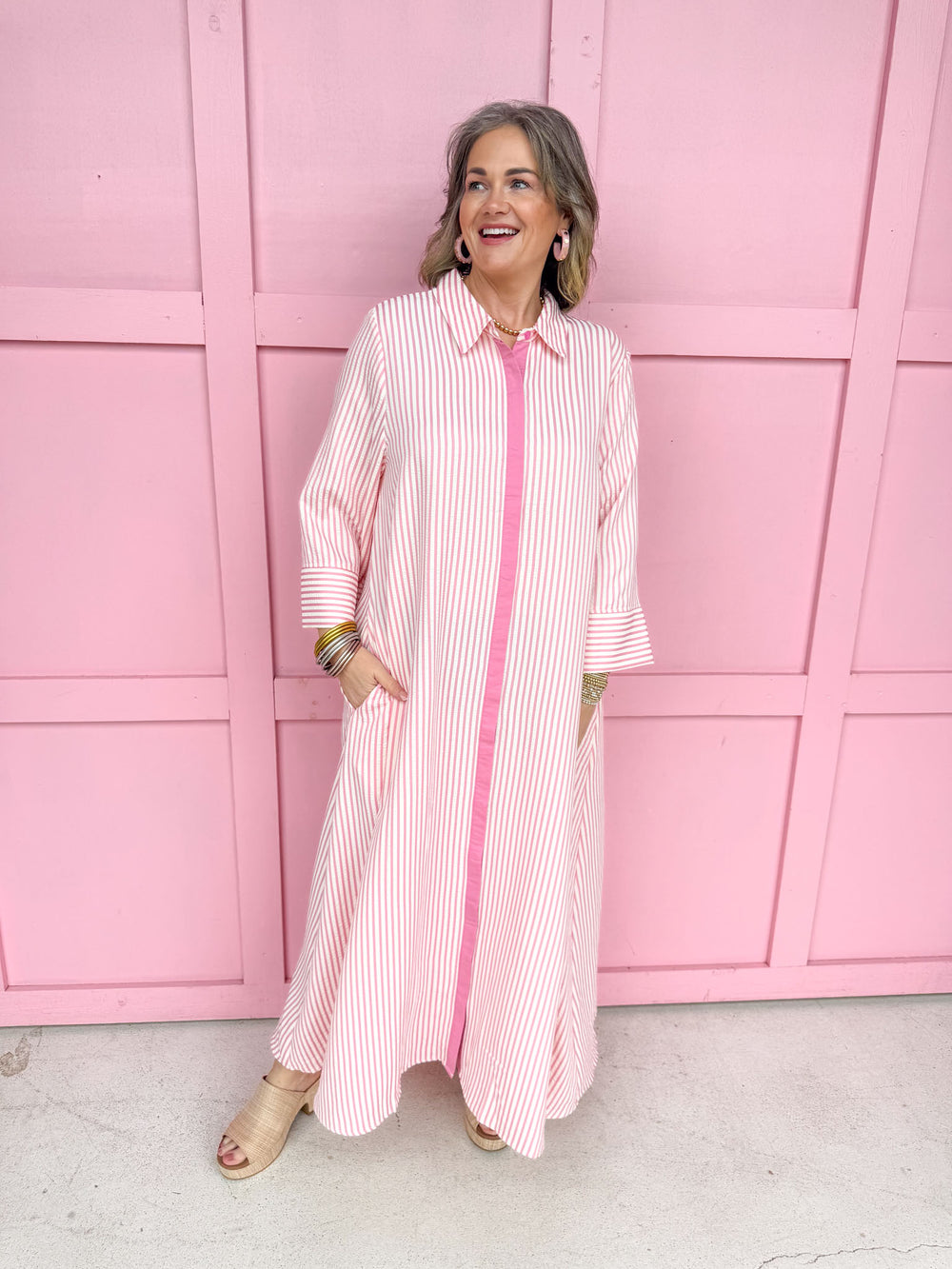 Simply Striped Dress Pink button front midi length has pockets plus size womens boutique jincy's