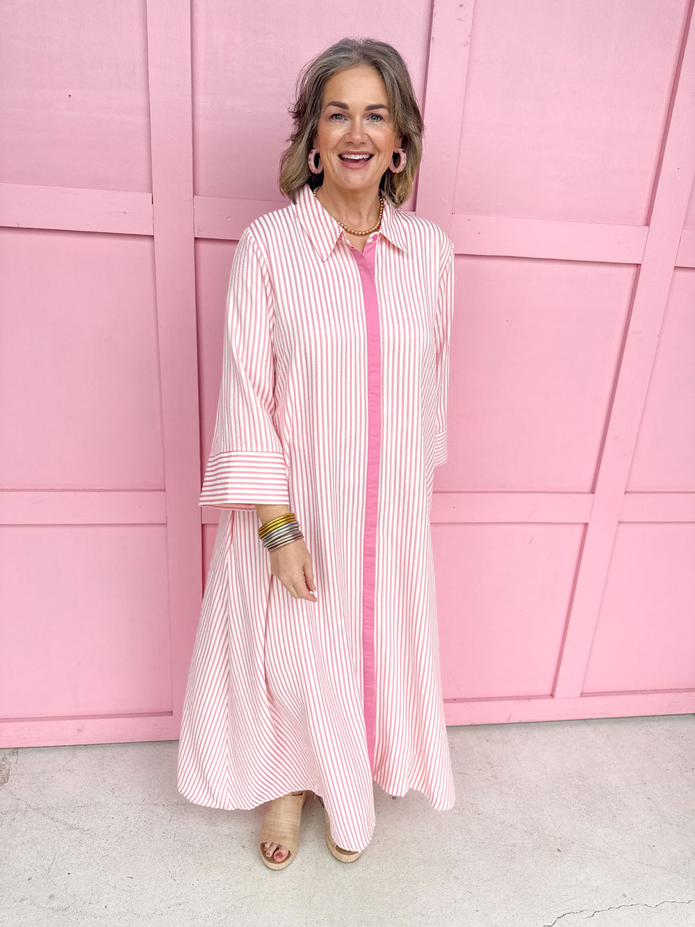 Simply Striped Dress Pink button front midi length has pockets plus size womens boutique jincy's