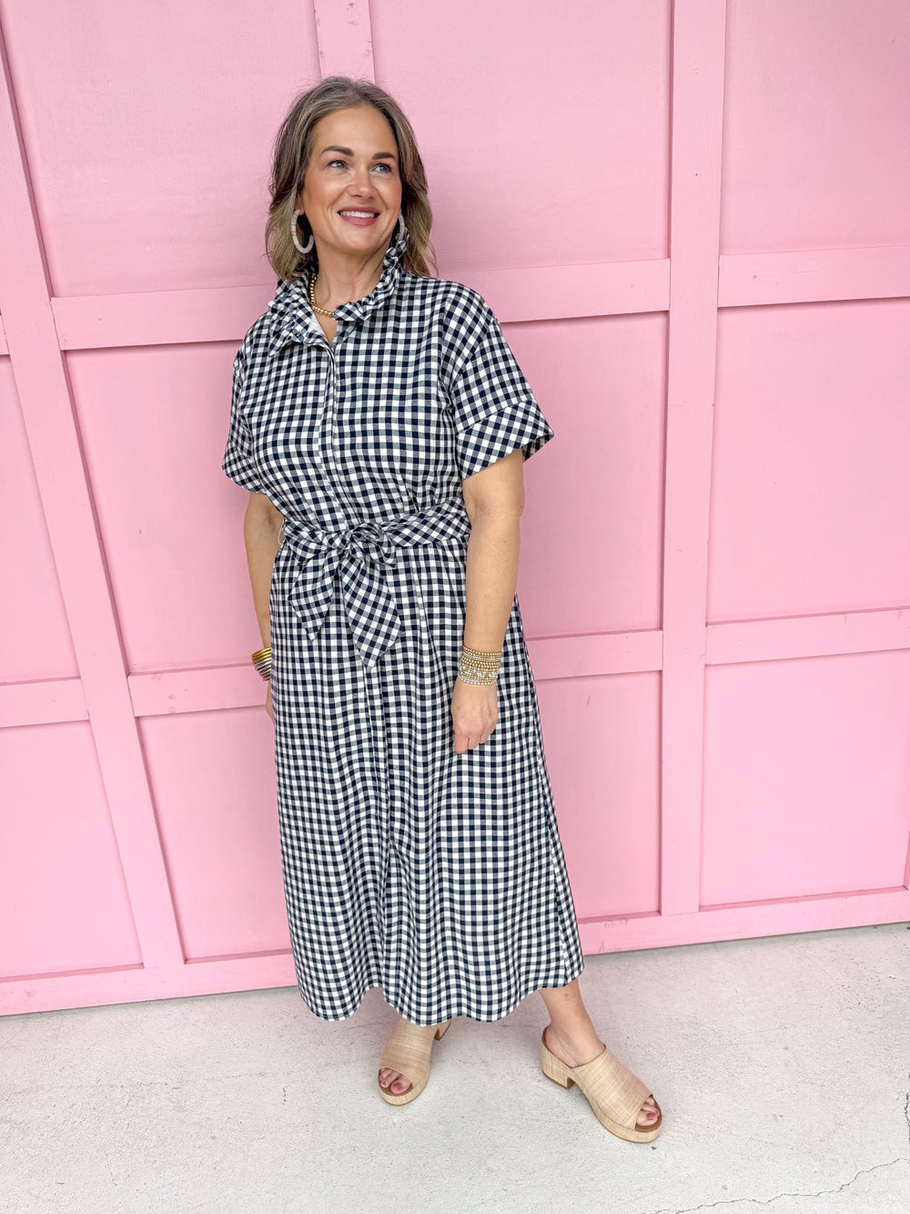 Giddy In Gingham Dress- Navy