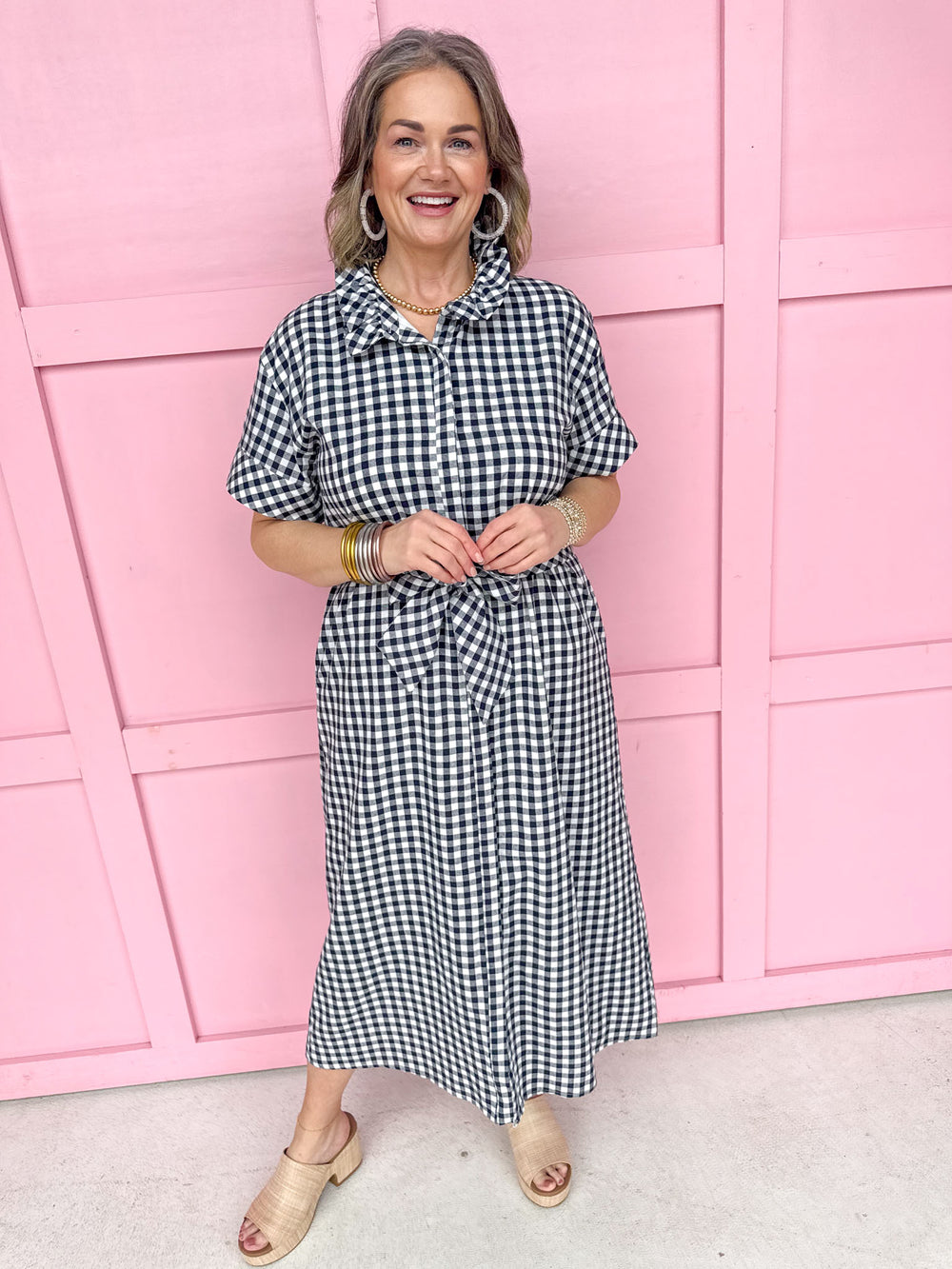 Giddy In Gingham Dress- Navy