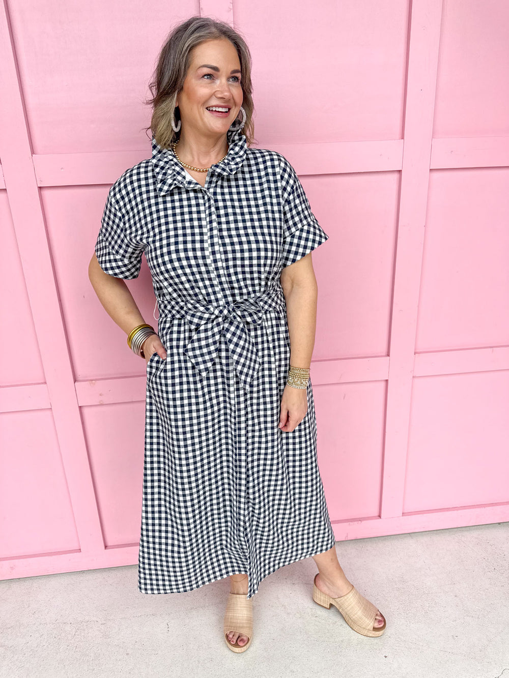 Giddy In Gingham Dress- Navy