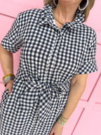 Giddy In Gingham Dress- Navy