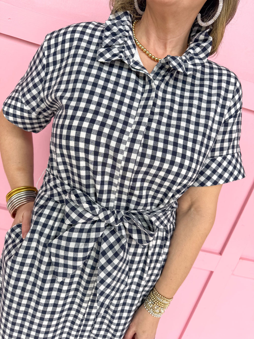 Giddy In Gingham Dress- Navy