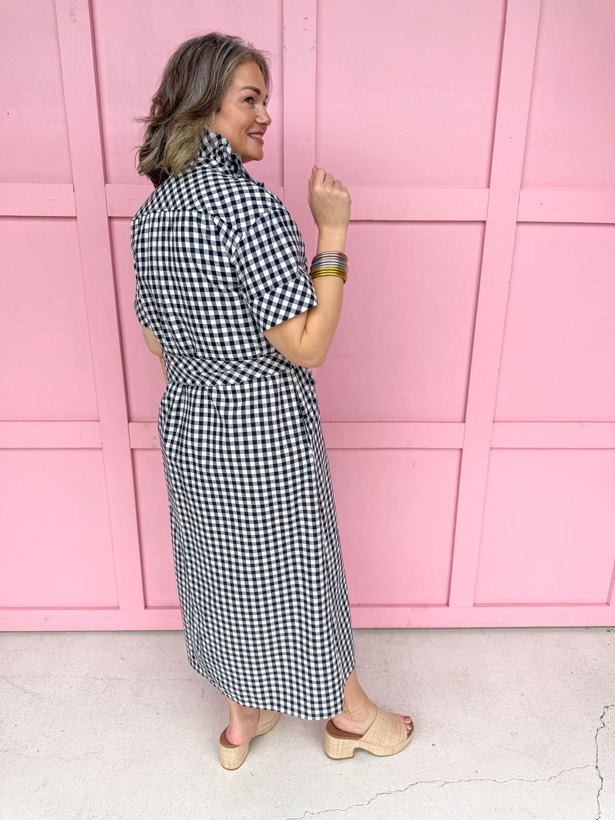 Giddy In Gingham Dress- Navy