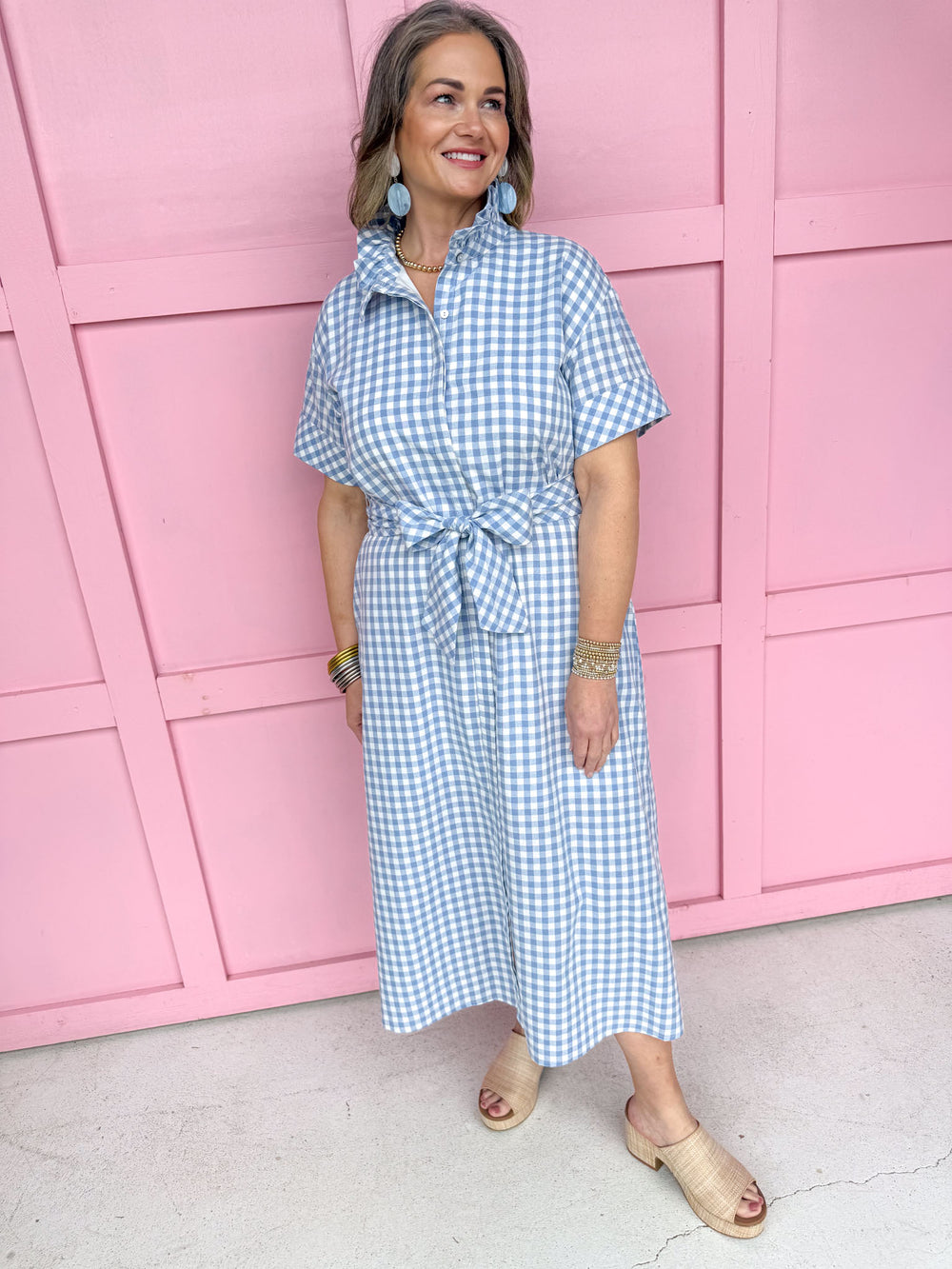Giddy In Gingham Dress - Blue