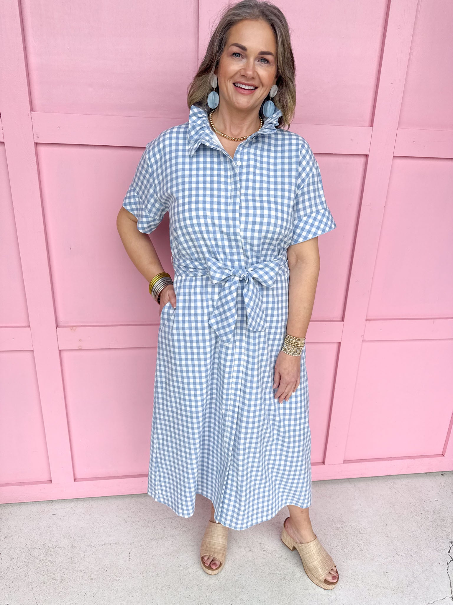 Giddy In Gingham Dress - Blue