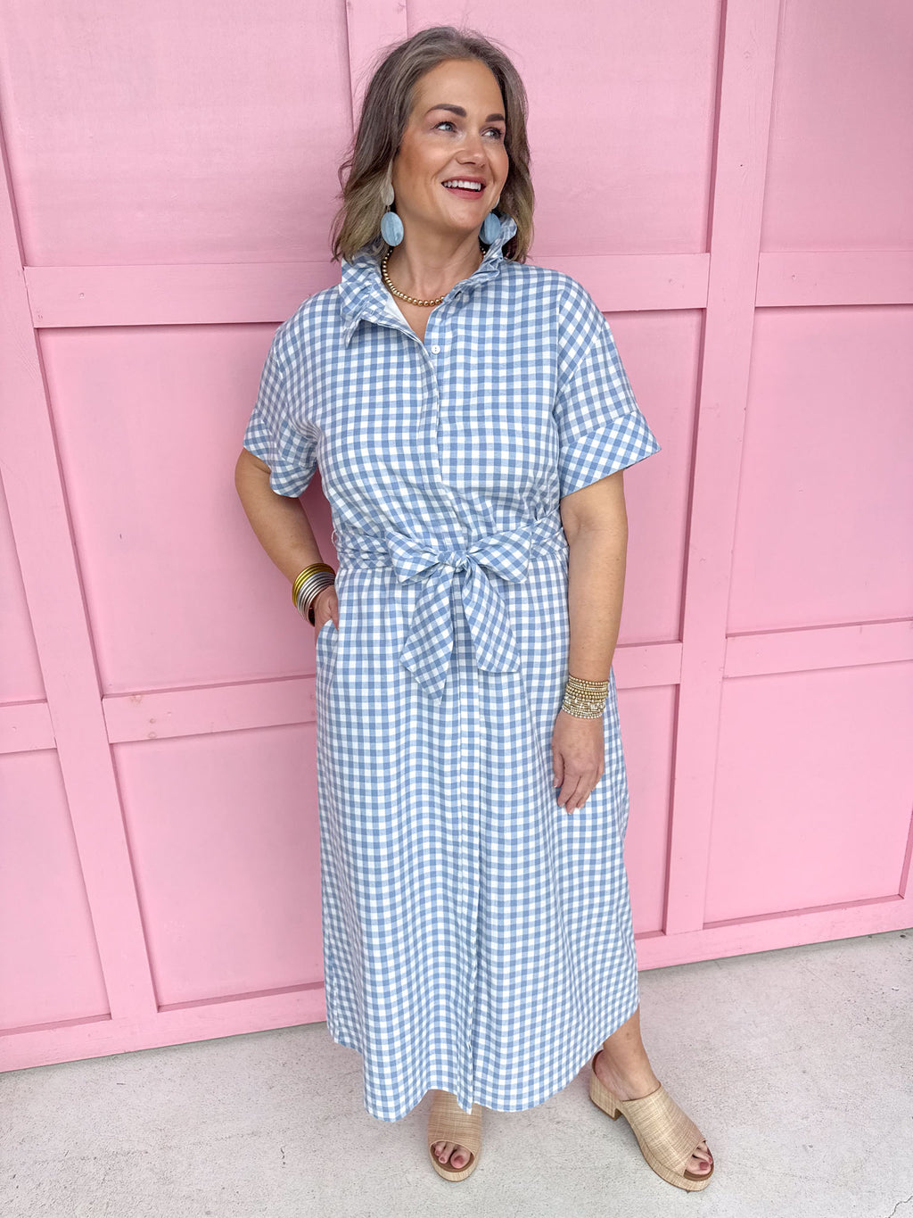 Giddy In Gingham Dress - Blue