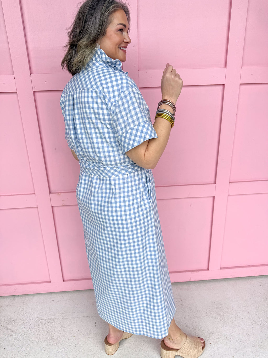 Giddy In Gingham Dress - Blue