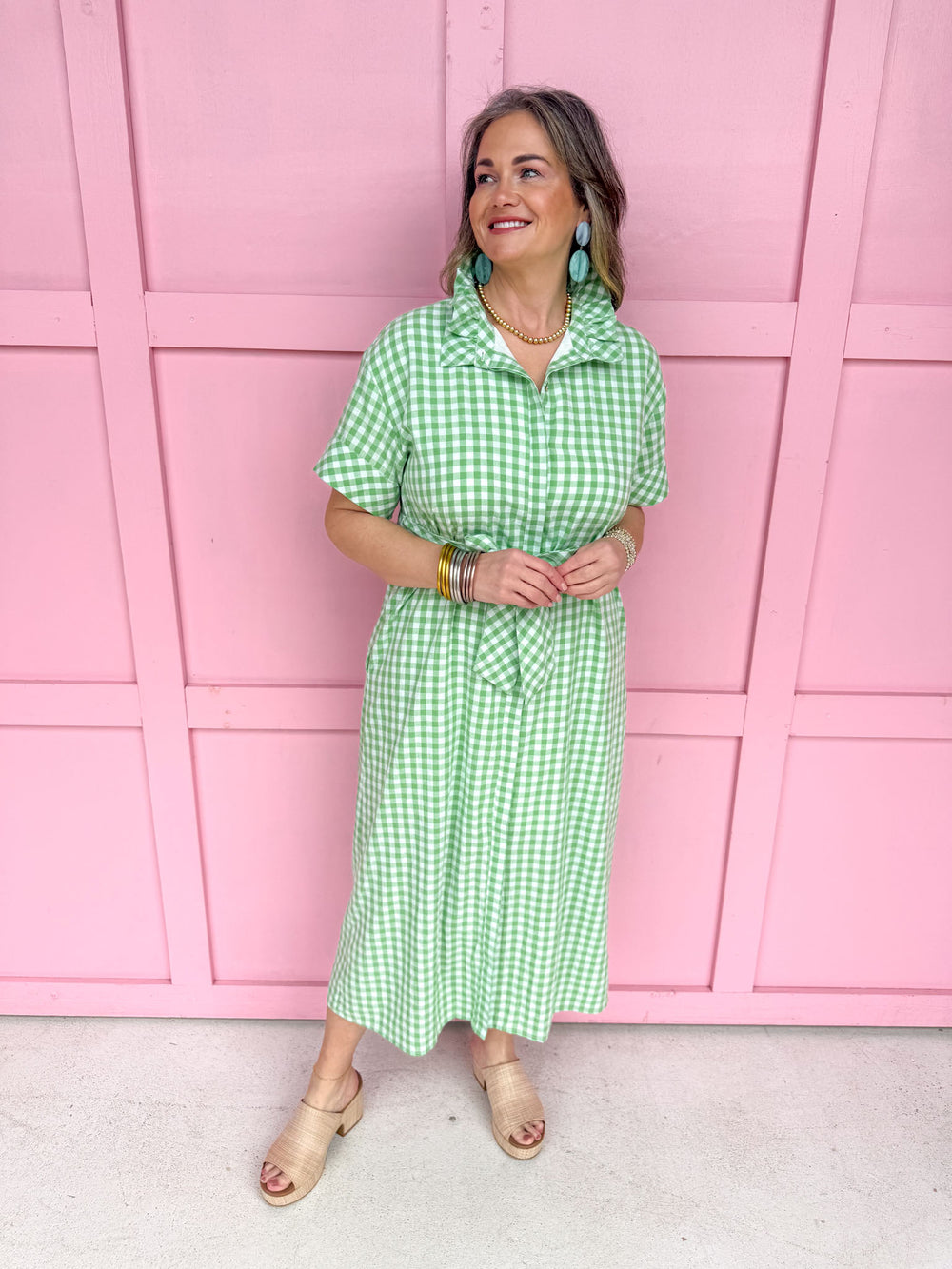 Giddy In Gingham Dress - Green