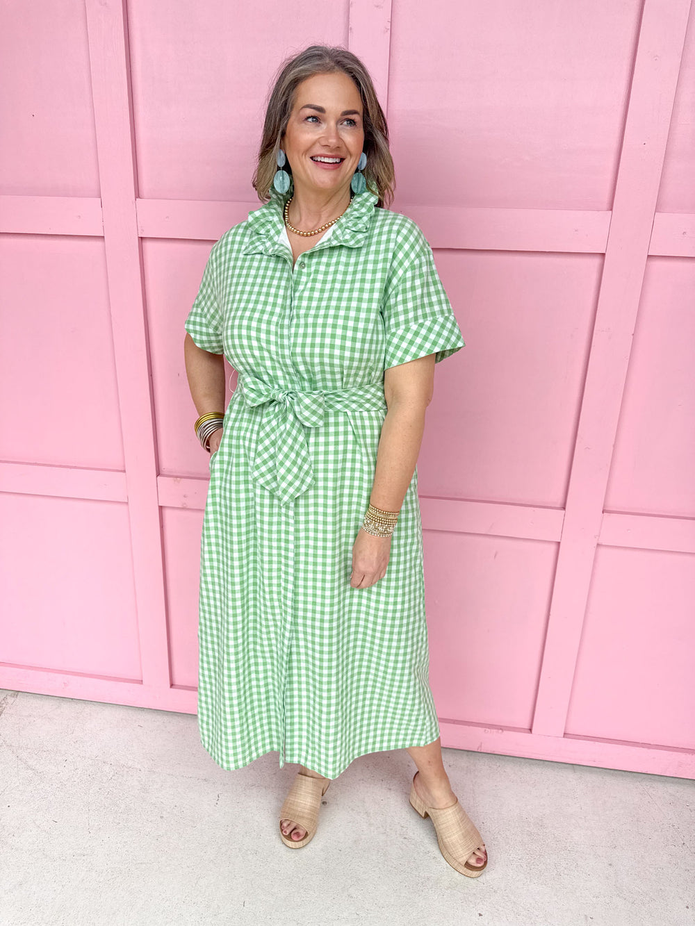 Giddy In Gingham Dress - Green