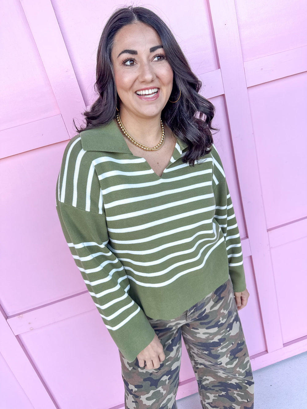 Jincy's Women's Boutique Duck & Camo striped collared olive white