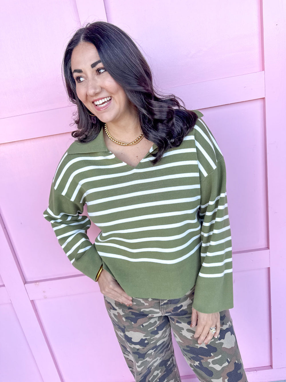 Jincy's Women's Boutique Duck & Camo striped collared olive white