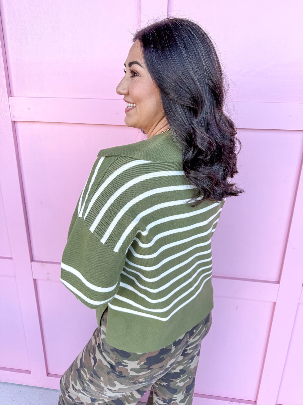 Jincy's Women's Boutique Duck & Camo striped collared olive white