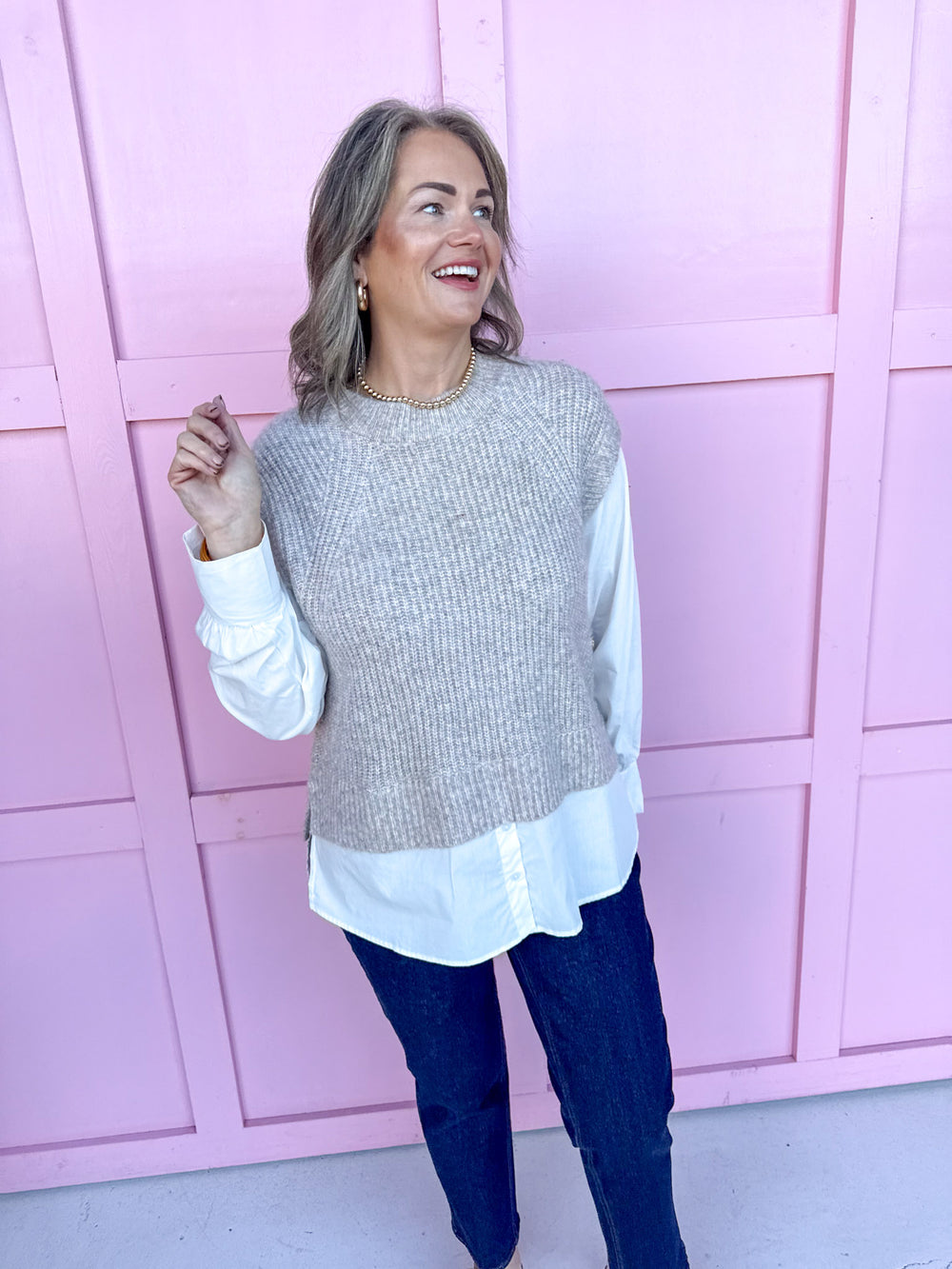 Jincy's Women's Boutique Duck & Camo  layered sweater vest faux button up shirt