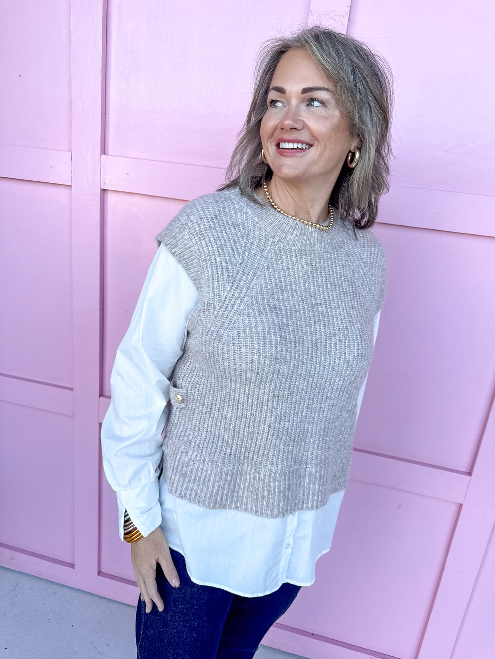 Jincy's Women's Boutique Duck & Camo  layered sweater vest faux button up shirt