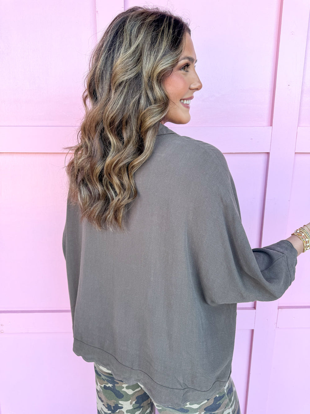 Jincy's Women's Boutique Duck & Camo Plus Size scalloped hem & sleeves button front espresso