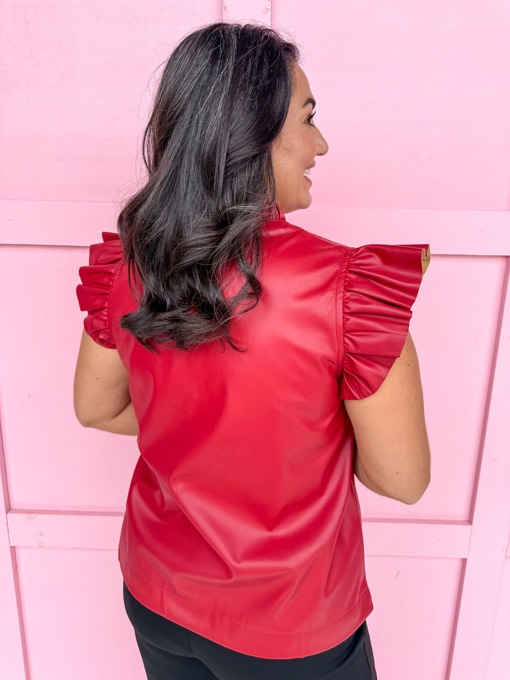 Jincy's Women's Boutique Make It Happen Top Red Faux Leather Top with Ruffles