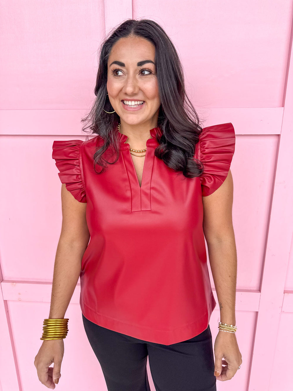 Jincy's Women's Boutique Make It Happen Top Red Faux Leather Top with Ruffles