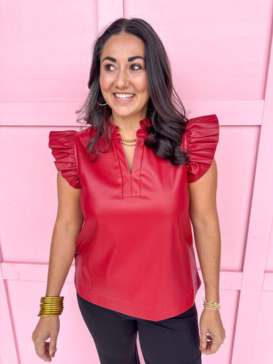 Jincy's Women's Boutique Make It Happen Top Red Faux Leather Top with Ruffles