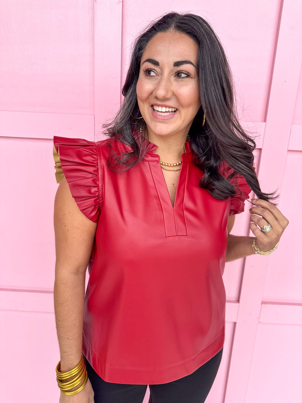 Jincy's Women's Boutique Make It Happen Top Red Faux Leather Top with Ruffles