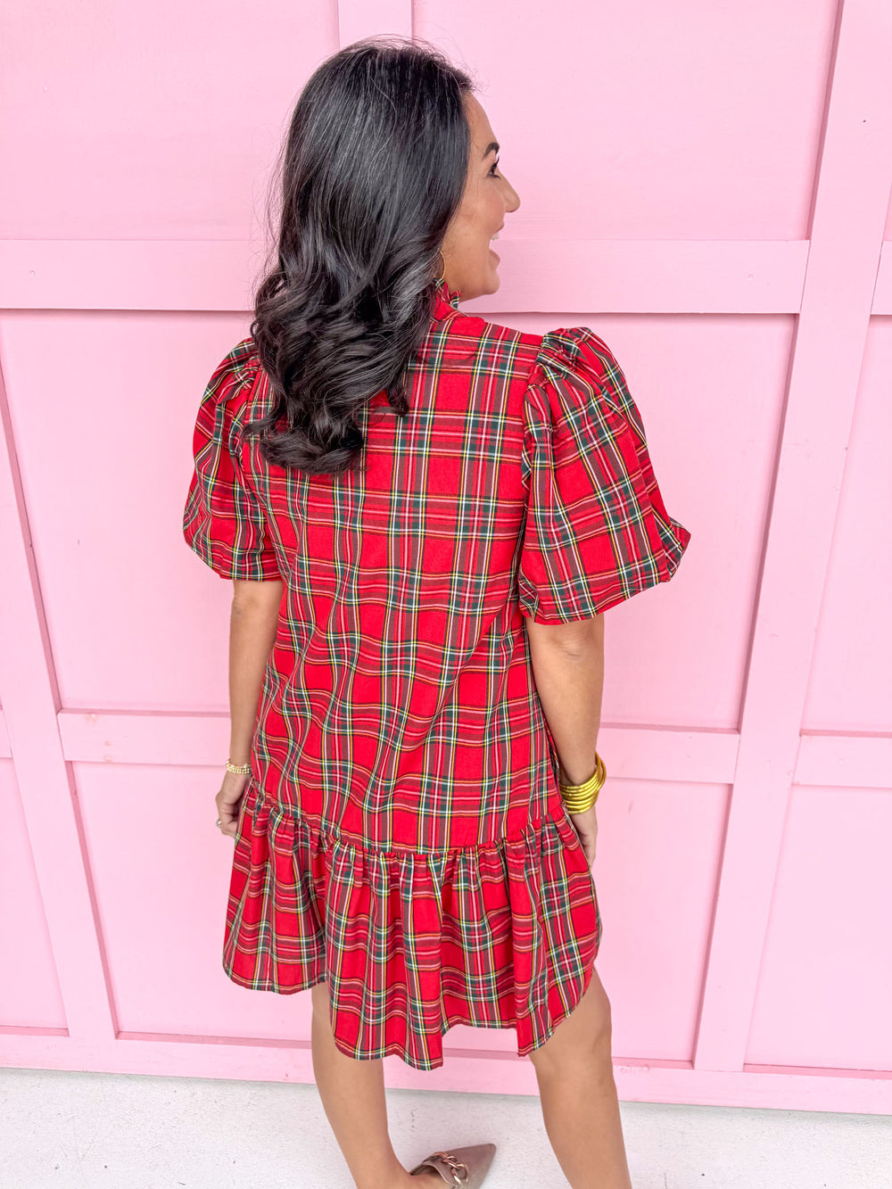 womens boutique christmas plaid gold buttons puff sleeves mini length jincy's