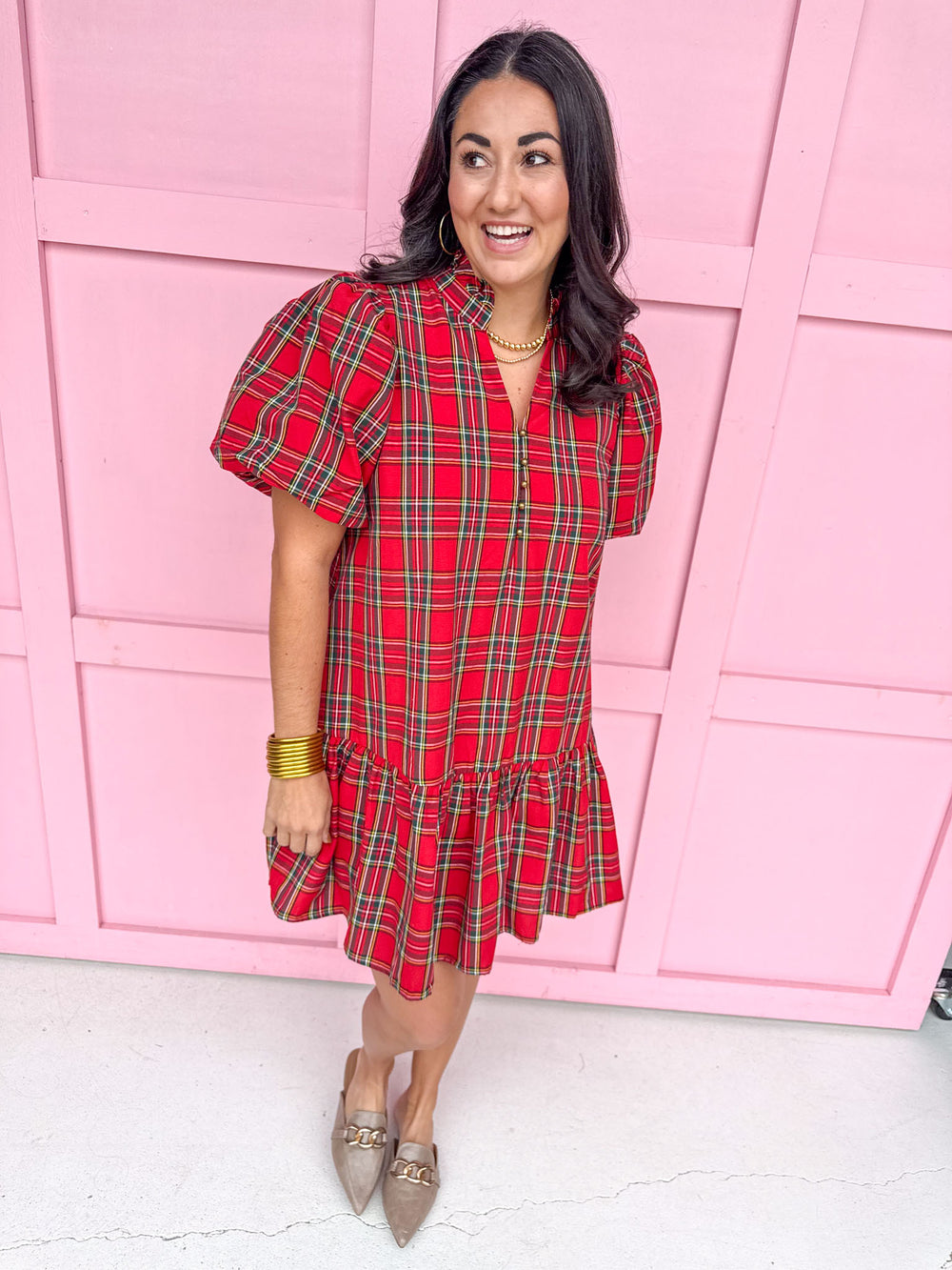 womens boutique christmas plaid gold buttons puff sleeves mini length jincy's