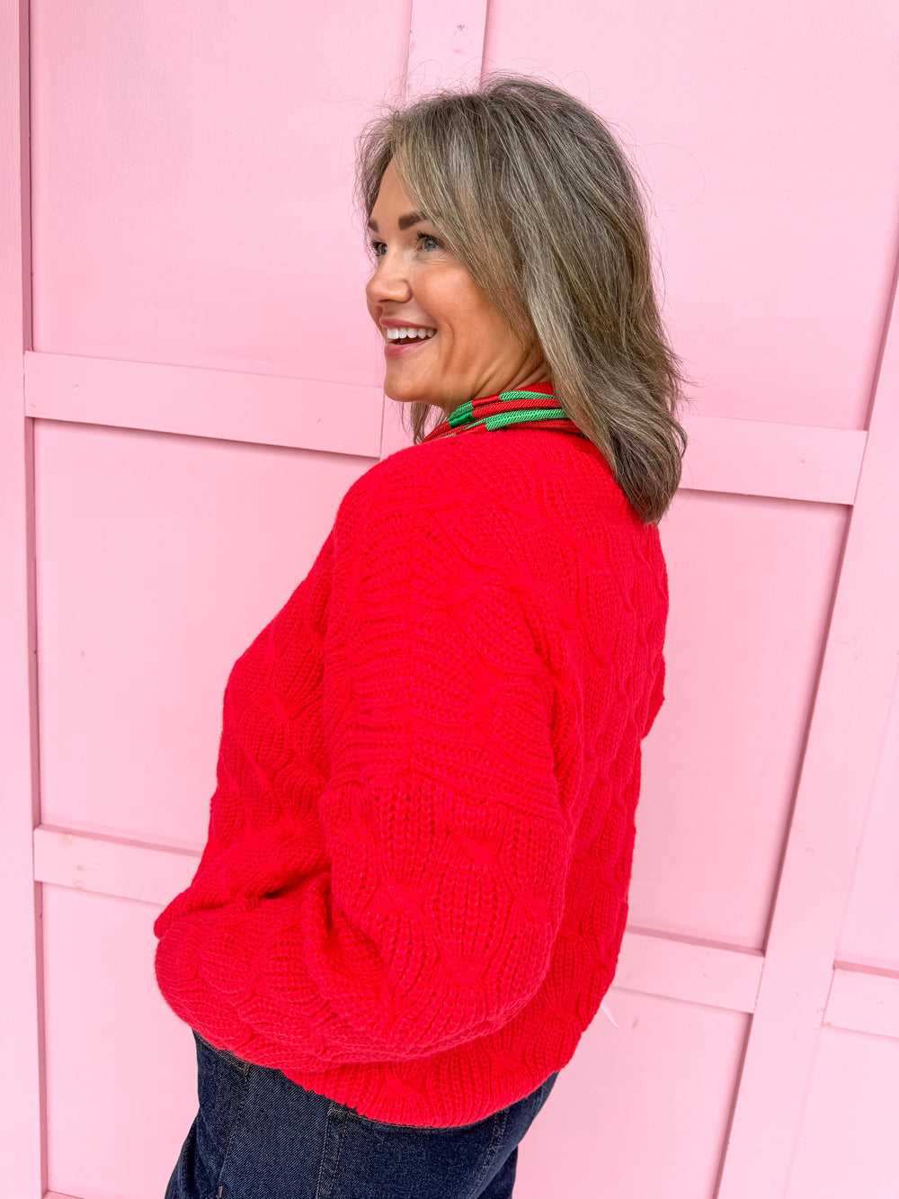 Jincy's Women's Boutique Warm & Cozy Mock Neck Sweater in Red Cable Knit Sweater Plus Size