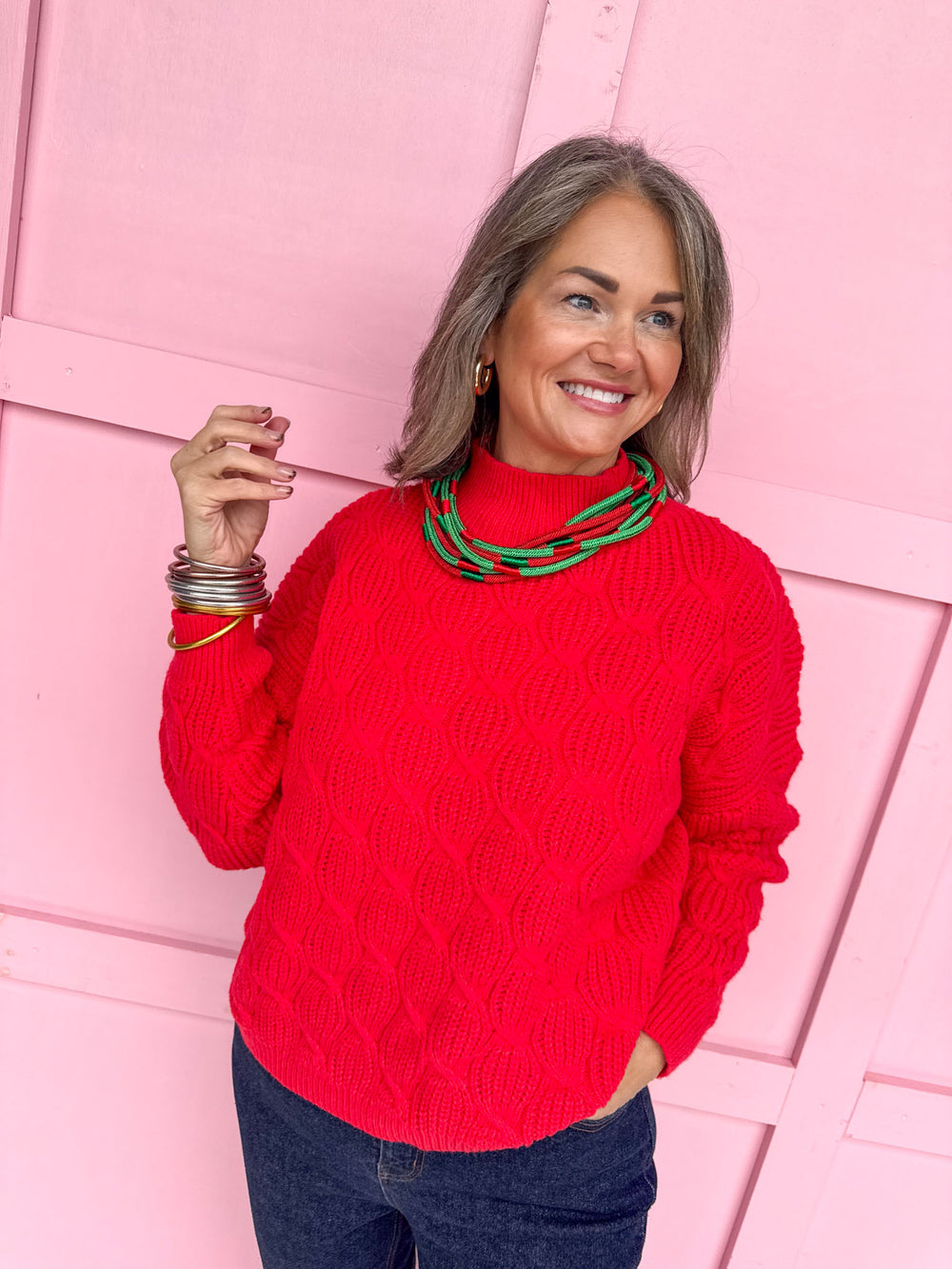 Jincy's Women's Boutique Warm & Cozy Mock Neck Sweater in Red Cable Knit Sweater Plus Size